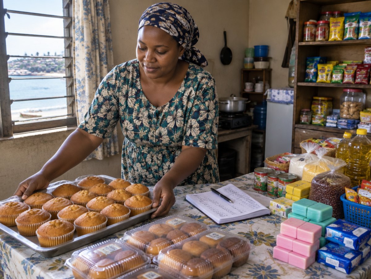 Illustration of a woman selling cakes and groceries from a small shop