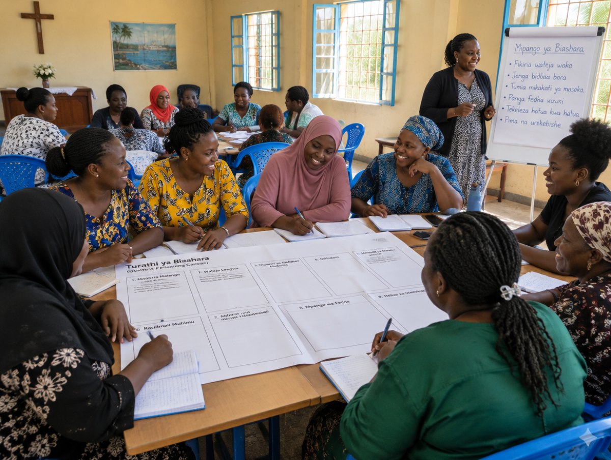 Illustration of women working on a SEE Canvas together in a church hall